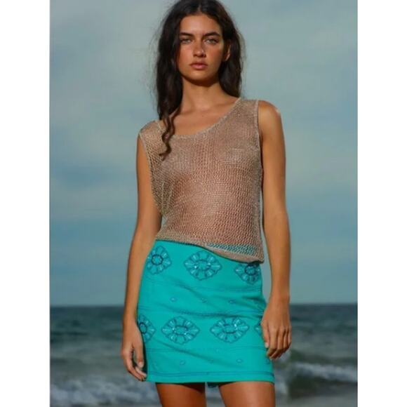 Zara Cotton Mini Skirt with Floral Beading & Embroidery Size Medium Teal - Picture 1 of 9